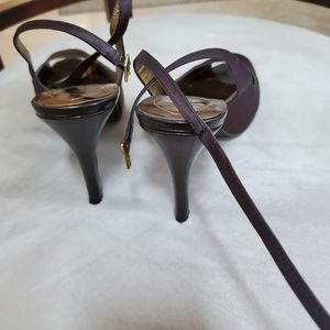 Guess peeptoe satin chocolate brown heels with hidden platform